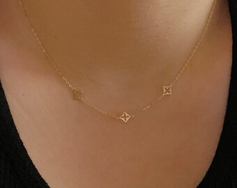 14K Solid Gold Rhombus Chain Necklace Minimalist Earrings Daily Necklace Work Necklace gift for her Light Weight Valentine's Day Gift