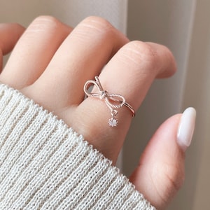 14K Solid Gold Bow CZ Charm Ring Minimalist Ribbon Dangle Ring Daily Ring Cute Charm Ring Real Gold gift for her Mothers day Gift