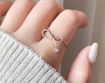14K Solid Gold Bow CZ Charm Ring Minimalist Ribbon Dangle Ring Daily Ring Cute Charm Ring Real Gold gift for her Mothers day Gift
