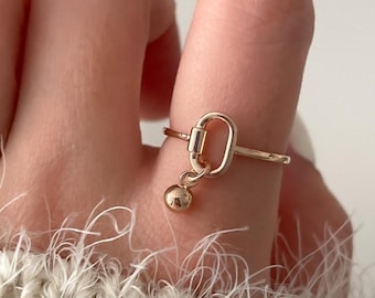 14K Solid Gold Ball Charm Ring Minimalist Dangle Ring Daily Ring free Movement Ring Real Gold gift for her