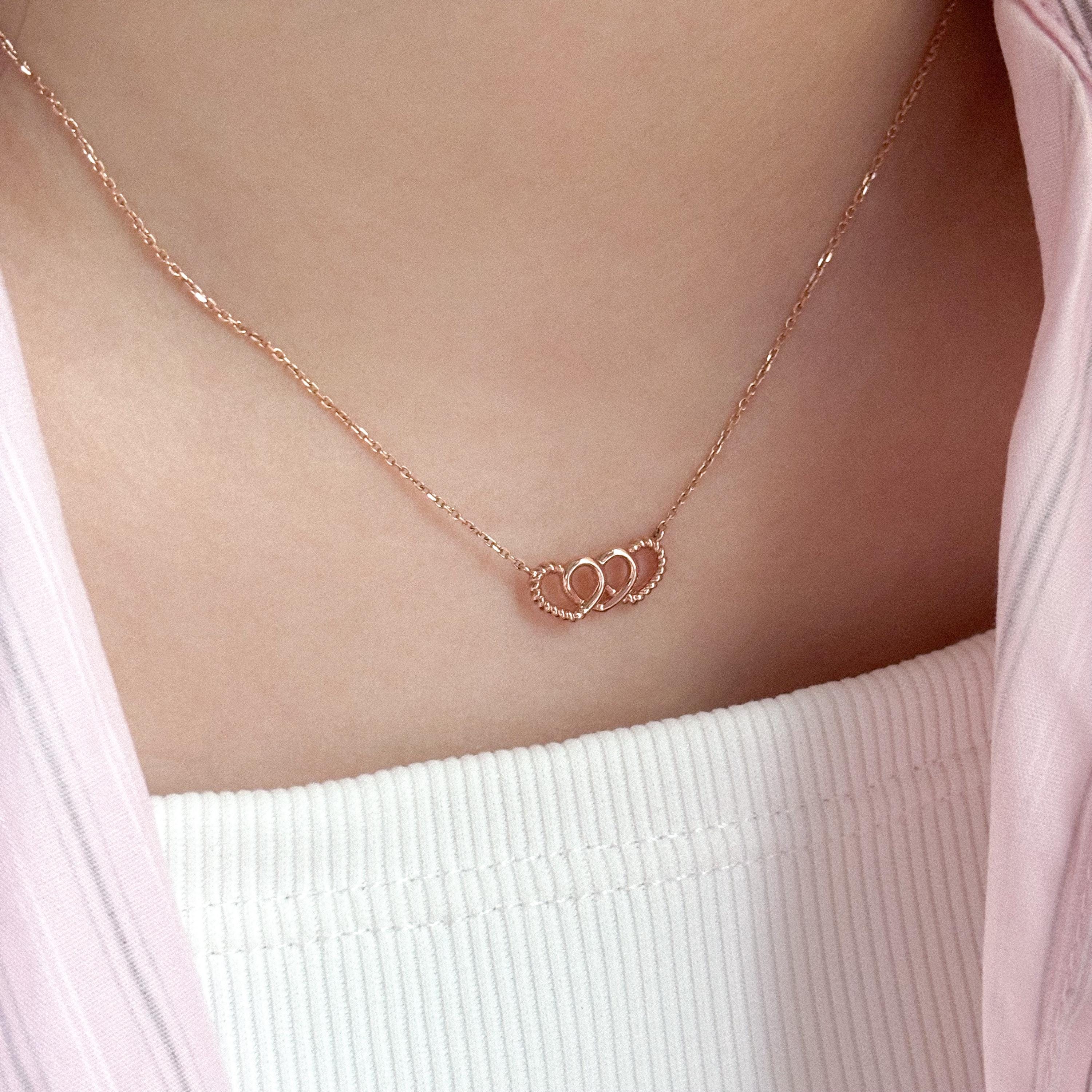 14K Solid Gold Dainty Triple Heart Necklace Heart Pendant Necklace Multiple Heart Delicate Necklace Gift For Mom Bridesmaid Gift