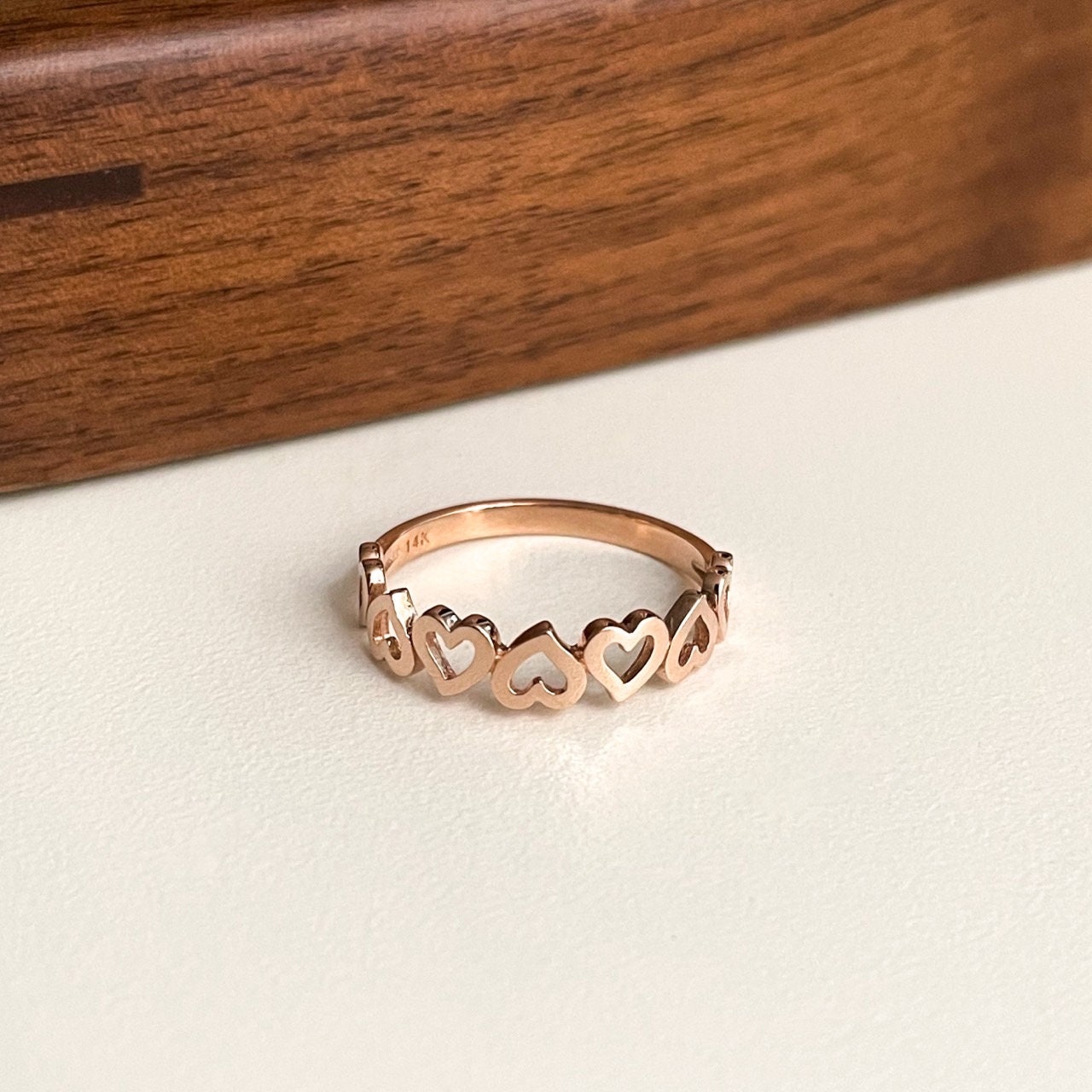 14K Solid Gold Heart Link Ring Dainty Hearts Ring Layering 