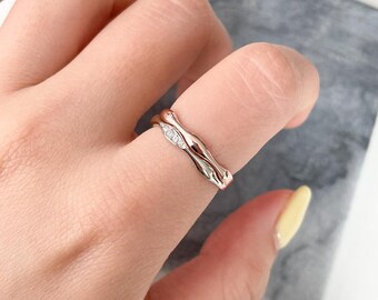 14K Solid Gold Double Wave Ring Bold Gold Band Pave Two Row Ring Curved Stacking Ring Gold Statement Ring Gift For Her