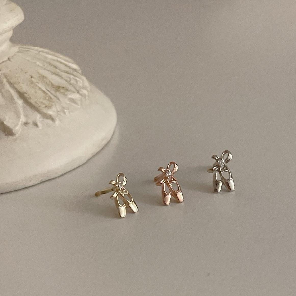14k Solid Gold Ballerina Shoes Piercing Dancing Shoes Cute Screw Back ...