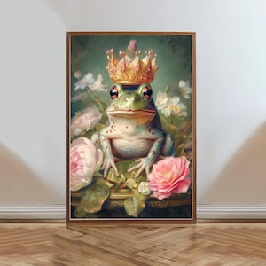 Royal Frog King Wall Art Print, Frog Prince Garden Decor, Whimsical Animal Art Poster, Frog in Crown Nursery Wall Decor