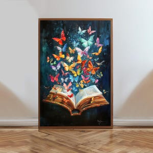 Open book with colorful butterflies Art Poster - Midcentury Modern Dream Wall Art - Painting as Print - Bookish Gift Book Nerd Illustration