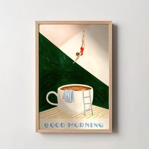 Surreal Coffee Art Print, Diving Lady Digital Wall Art, Morning Coffee Downloadable Poster, Whimsical Swimming Pool Print
