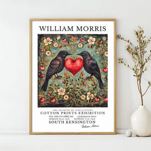 Carteles de William Morris, dos pájaros negros y una impresión de arte de corazón, decoración de pared de exposición vintage, cartel de exposición de William Morris