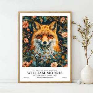 Carteles de William Morris, estampado de arte animal de zorro con flores, decoración de pared de exposición vintage, cartel de exposición de William Morris