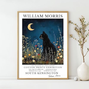 William Morris Posters, Black Cat Moon Animal Art Print, Vintage Exhibition Wall Deco, William Morris Exhibition Poster