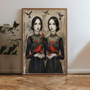 Gothic Twin Sisters Wall Art, Red Birds Black Dress Print, Dark Fantasy Home Decor, Spooky Twin Girls Painting, Creepy Art Poster