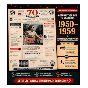 Op de afbeelding: Een retro poster ter ere van een 70e verjaardag, met een vrouw op een fiets, historische feiten en de tekst "Happy Birthday Lilli". De poster belicht gebeurtenissen uit 1956 en is een gepersonaliseerd cadeau.