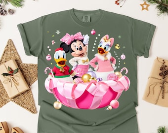 Pink Holiday Magic DTF Transfer, Minnie Daisy Donald Christmas Bowl Design, Coquette Disney Print, Cute Pastel Christmas Shirt DTF