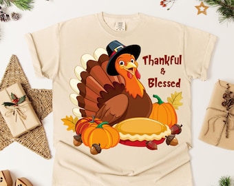 Thankful & Blessed Turkey DTF Transfer, Cute Thanksgiving Pumpkin Pie Design, Fall Harvest Autumn Shirt Print