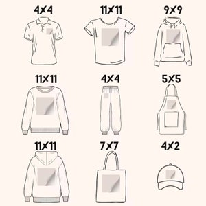 K&ouml;nnte beinhalten: Ein Set aus neun verschiedenen leeren Kleidungsst&uuml;cken, darunter ein Poloshirt, ein T-Shirt, ein Hoodie, ein Sweatshirt, eine Jogginghose, eine Sch&uuml;rze, eine Tragetasche und eine Baseballkappe. Jedes Kleidungsst&uuml;ck hat einen quadratischen Bereich f&uuml;r die Personalisierung, mit Abmessungen von 4x2 bis 11x11 Zoll.