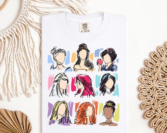 Sketch Princess DTF Transfer, Abstract Girl Heads Print, Colorful Princess Clipart Shirt Design for Heat Press T-Shirt Lovers