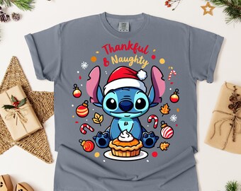 Stitch Christmas Pie DTF Transfer, Thankful and Naughty Design, Funny Holiday Crossover Print, Cute Festive Disney Shirt DTF