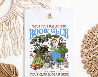 Beauty Book Club DTF-overdracht – Belle Reading-tuinscène opstrijkbaar – klaar om te drukken leesgrage Disney-shirtontwerp voor boekenliefhebbers en cadeaus