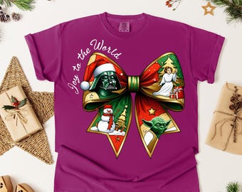 Joy to the World Star Wars Bow DTF Transfer, Darth Vader Yoda Christmas Design, Funny Nerdy Holiday Print, Geek Festive Shirt DTF