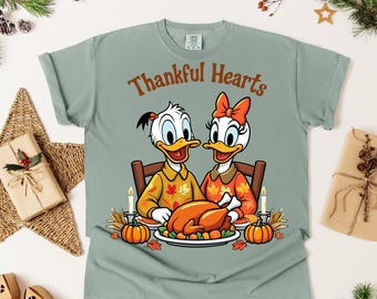 Thankful Hearts DTF Transfer, Donald and Daisy Thanksgiving Design, Fall Dinner Family Shirt Print, Cozy Autumn DTF