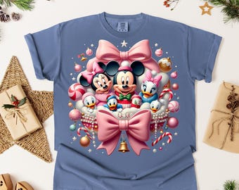 Pink Christmas Mickey and Friends DTF Transfer, Coquette Holiday Bow Design, Cute Disney Family Print, Festive Cozy Shirt DTF