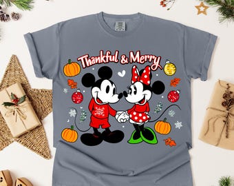 Thankful & Merry Mickey Minnie DTF Transfer, Holiday Thanksgiving Christmas Shirt Print, Cozy Disney Couple Design