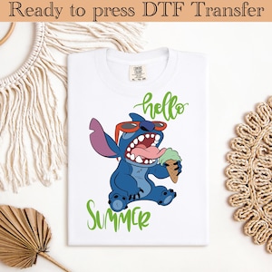Lilo and Stitch Hello Summer DTF Print Transfer,Stitch Summer DTF Transfer,Cool Hawaiian Cartoon Iron On Design,Ready to Press Kids Vacation