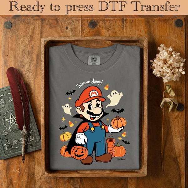 DTF Halloween Mario Pumpkin Art, Cute Spooky Mario Print, Super Mario Trick or Treat DTF Transfer, Halloween Gamer Shirt Design