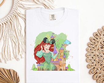 Red Hair Princess DTF Transfer, Green Dress Castle Print, Fantasy Girl Heat Press Design for Shirts, Cute Magic Park Tee Art