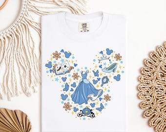 Cinderella Dress DTF Transfer, Blue Princess Magical Shirt Print, Castle Shoe Book Star Heat Press Design for Kids Girls Apparel