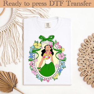 Lilo Inspired DTF Transfer – Cute Hawaiian Girl in Floral Frame Iron On Design – Ready to Press Printable for Summer Shirt, Island Vibes Tee