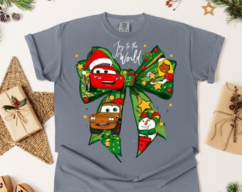 Joy to the World Cars Christmas Bow DTF Transfer, Lightning McQueen Holiday Design, Festive Disney Print, Cozy Kids Christmas Shirt DTF