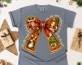 Toy Story Christmas Bow DTF Transfer, Woody Buzz Jessie Holiday Design, Wonderful Time Christmas Shirt Print