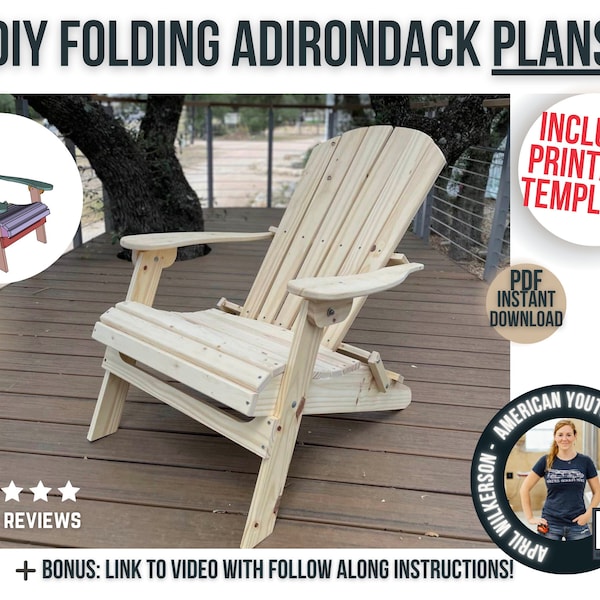 Folding Adirondack Chair plans & templates / Digital DIY Woodworking Furniture Plans / Outdoor Patio Wooden Adirondack Chair Plans for DIYer