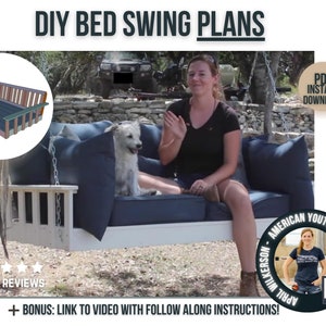 May include: DIY bed swing plans with a woman sitting on the swing with her dog. The plans include a link to a video with follow along instructions. The plans are available for instant download as a PDF.
