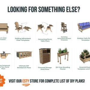 May include: A collection of DIY woodworking plans for furniture, storage, and planters.  The plans include a bench glider, folding Adirondack chair, converting picnic table, swiveling Adirondack barstool, outdoor sofa, sliding compound miter saw stand, ultimate workbench, firewood storage shed, free-standing planter, and pyramid planter.  Visit our Etsy store for a complete list of DIY plans.