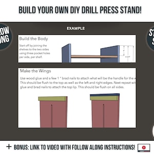 May include: A diagram showing how to build a drill press stand. The diagram shows the steps to build the body and wings of the stand. The text says "Build Your Own DIY Drill Press Stand!" and "Follow Along" and "Step by Step".