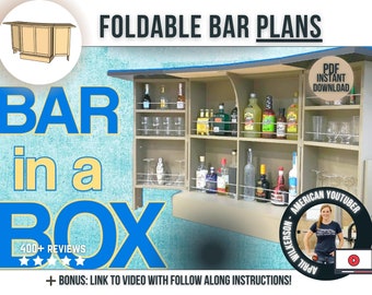 May include: A set of plans for building a foldable bar, with a photo of the finished bar and a video tutorial. The plans are available as a PDF instant download. The bar is made of wood and has shelves for storing bottles and glasses. The text "BAR in a BOX" is displayed in large blue and yellow letters. The text "400+ REVIEWS" is displayed below the text "BAR in a BOX".
