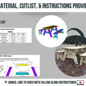 May include: Diagram showing how to build a picnic table with benches. The diagram includes a materials list, cut list, and instructions. The table is made of wood and has a natural finish. The benches are also made of wood and have a natural finish. The diagram includes a link to a video with follow-along instructions.