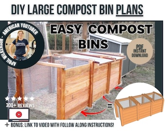 Puede incluir: Planes de bricolaje para construir un contenedor de compost grande. La imagen muestra tres contenedores de compost de madera con lados de malla de alambre. Los contenedores están conectados entre sí y están sobre una superficie cubierta de hierba. La imagen también incluye un primer plano de un solo contenedor de compost con un marco de madera y lados de malla de alambre. El texto en la imagen dice "DIY Large Compost Bin Plans", "Easy Compost Bins", "PDF Instant Download", y "300+ Reviews".