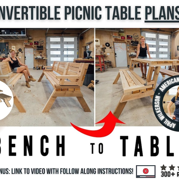 Converting Bench To Table Plans / Folding Picnic Table Plans / Digital Woodworking Plans / DIY Folding Bench to Picnic Table for Woodworkers