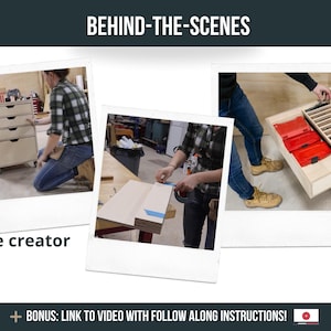 May include: A behind-the-scenes look at the creation of a wooden drawer unit with multiple drawers. The drawer unit is made of light wood and has a simple design. The drawers are open and reveal red tool boxes inside.
