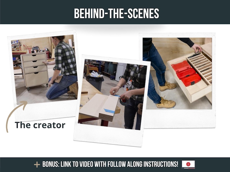 May include: A behind-the-scenes look at the creation of a wooden drawer unit with multiple drawers. The drawer unit is made of light wood and has a simple design. The drawers are open and reveal red tool boxes inside.