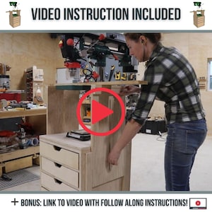 May include: A woman is assembling a wooden drill press stand with drawers. The stand is made of plywood and has a light wood finish. The drill press is mounted on top of the stand. The stand has three drawers. The woman is wearing a checked shirt and jeans. The image includes the text "VIDEO INSTRUCTION INCLUDED" and "BONUS: LINK TO VIDEO WITH FOLLOW ALONG INSTRUCTIONS!"