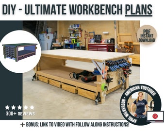 May include: A DIY workbench plan with a wood top, drawers, and shelves. The workbench is on wheels and has a variety of tools and clamps hanging on the side. The image includes a link to a video with follow along instructions.  300+ reviews.  PDF instant download.
