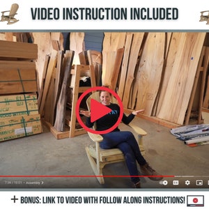May include: A woman sits in a wooden rocking chair in a workshop. She is wearing a blue shirt with the word "Stay" on it and blue jeans. The chair is made of unfinished wood and has a natural wood finish. The workshop is filled with stacks of wood planks and slabs. The text "VIDEO INSTRUCTION INCLUDED" is displayed at the top of the image.