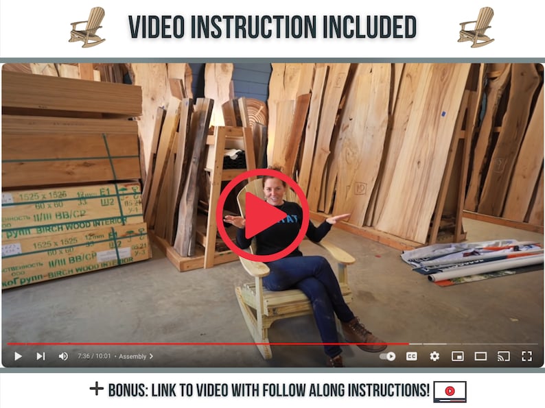 May include: A woman sits in a wooden rocking chair in a workshop. She is wearing a blue shirt with the word "Stay" on it and blue jeans. The chair is made of unfinished wood and has a natural wood finish. The workshop is filled with stacks of wood planks and slabs. The text "VIDEO INSTRUCTION INCLUDED" is displayed at the top of the image.