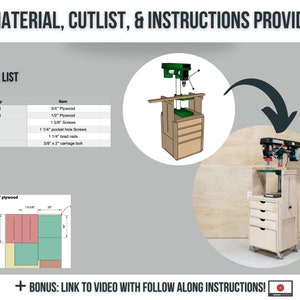 May include: Diagram showing a drill press stand with a cut list and material list for building the stand. The stand has four drawers and is on wheels. The diagram includes a link to a video with instructions.