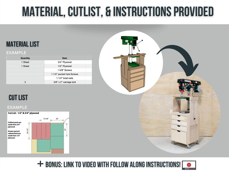 May include: Diagram showing a drill press stand with a cut list and material list for building the stand. The stand has four drawers and is on wheels. The diagram includes a link to a video with instructions.