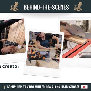 May include: Three images showing a person building a wooden chair. The first image shows a person using a drill to attach a piece of wood to the chair. The second image shows a person sanding a piece of wood with a power sander. The third image shows a person using a mitre saw to cut a piece of wood.